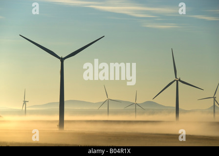 Windpark entstehende Morgennebel an der Causeymire, Caithness, Schottland, Großbritannien Stockfoto