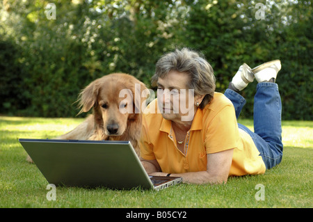 Hovawart (Canis Lupus F. Familiaris), weibliche Senior und Hund liegen in der Wiese mit laptop Stockfoto