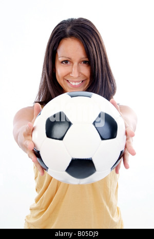 junge nette Frau mit Fußball Stockfoto