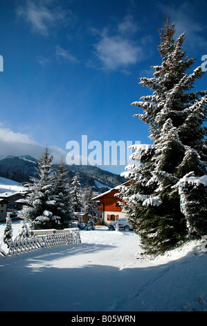 Frühen Morgen-Blick von der Ortschaft Les Gets in französischen Alpen Stockfoto