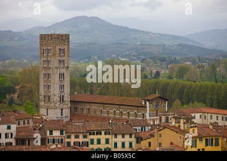 Blick vom Torre Guinigi (Turm) von der Basilika San Frediano mit seinen Campanile (Glockenturm) und über die Dächer Stockfoto