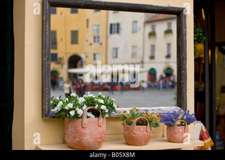 Reflexionen des alten römischen Amphitheaters, Piazza Anfiteatro in einem Spiegel, Stadt Lucca, Provinz Lucca, Toskana Stockfoto