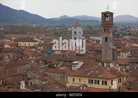 Blick vom Torre Guinigi des Torre della Ore des weißen Campanile von San Michele in Foro und über Dächer in der Stadt Lucca Stockfoto