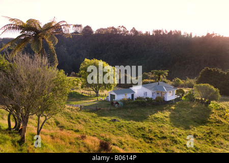 Kleines Haus, eingebettet in die Hügel und die Naturlandschaft in der Bay of Plenty, Nordinsel, Neuseeland Stockfoto