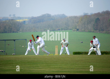 Cricket-match, Broadhalfpenny Down, Hambledon, Hampshire, England, Vereinigtes Königreich Stockfoto