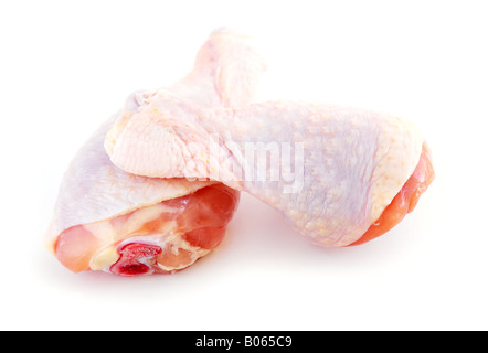 Rohem Hühnerfleisch Drumsticks isoliert auf weißem Hintergrund Stockfoto