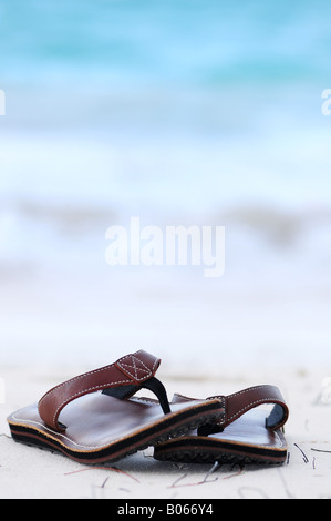 Flipflops auf einem sandigen Meer Strand Sommer Urlaub Konzept Stockfoto