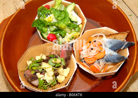 Bumpkin Menü Rettich, Gurke Minze & Käse Salat, eingelegte Heringe auf Schwarzbrot & Stilton rote Zwiebel Salat & gespickt Rindfleisch Stockfoto