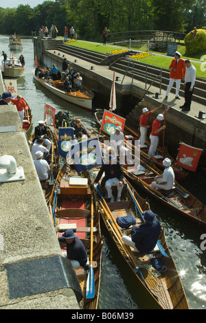 Swan upping auf der Themse Ruderboote und Handwerk des jährlichen Swan upping Zeremonie Eingabe Bovney Schloss in der Nähe von Windsor zu unterstützen Stockfoto