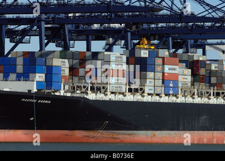 Containerschiff am Trinity Quay, Hafen von Felixstowe, Großbritanniens größter Containerhafen. Stockfoto