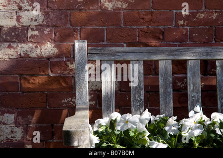 Foto von einer alten Holzbank mit Blumen drauf vor einer roten Backsteinmauer Stockfoto