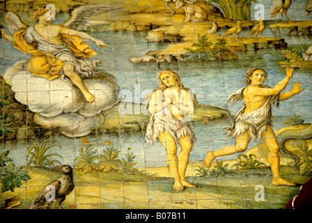 Keramische Fliesen, Darstellung der Vertreibung aus dem Garten Eden der Kirche von San Michele in Anacapri Stockfoto