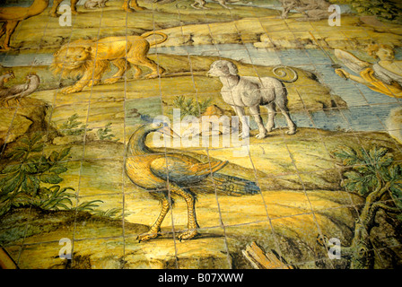 Keramische Fliesen, Darstellung der Vertreibung aus dem Garten Eden der Kirche von San Michele in Anacapri Stockfoto
