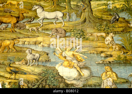 Keramische Fliesen, Darstellung der Vertreibung aus dem Garten Eden der Kirche von San Michele in Anacapri Stockfoto