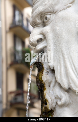 Wasser gießen aus einem geschnitzten Steinkopf auf Piazza Della Pignoria Santa Croce Florenz Italien Stockfoto