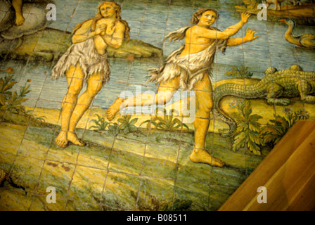 Keramische Fliesen, Darstellung der Vertreibung aus dem Garten Eden der Kirche von San Michele in Anacapri Stockfoto