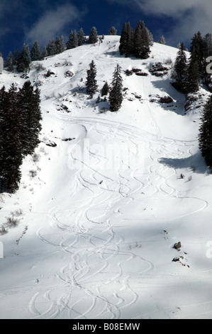 Einzelne einsame Skifahrer Navigation einen Pitch steil von der Piste im Skigebiet von Morzine, Frankreich Stockfoto