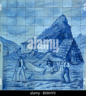 Bemalte Azulejos Fliesen Darstellung von typisches Madeira Haus und Szene Stockfoto