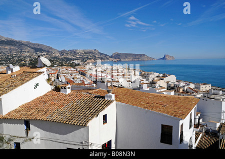 Blick auf Calpe, Mt. Penon de Ifach, Altea, Alicante, Costa Blanca, Spanien Stockfoto
