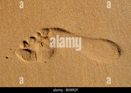 Fußabdruck im Sand, rechten Fuß am Strand von Benidorm, Costa Blanca, Spanien Stockfoto