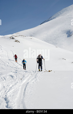 Bergsteiger auf Skiern klettern einen schneebedeckten Gipfel des hohen Alpenregion im Rofan, Tirol, Österreich, Europa Stockfoto