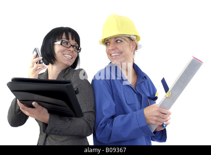 Frauen als Arbeiter und Geschäftsfrau, Rücken an Rücken Stockfoto