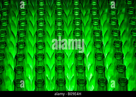 Leere grüne Bierflaschen mit Bier gefüllt oder recycelt werden Stockfoto