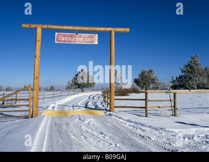 Ein großes Ranch Tor mit einem Vieh Wächter führt der Weg auf einer Cattle Ranch in der Nähe von Bend Oregon nach einem Winter Schneesturm Stockfoto