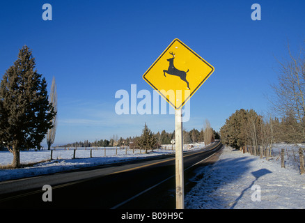 Ein Schild informiert Autofahrer und Fahrer, dass Rehe die Straße überqueren kann Stockfoto