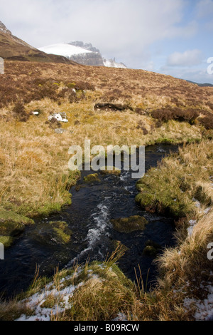 Blick vom Fluss Lealt in Richtung der Storr auf trotternish Stockfoto