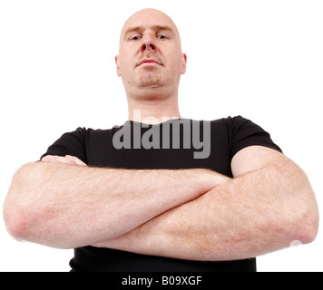 kahl leitete junge Türsteher, wütend in die Kamera schauen Stockfoto