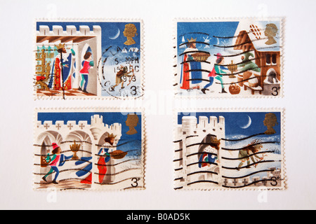 vier britische Weihnachten Briefmarken aus den 1970er Jahren abbildenden Good King Wenceslas Stockfoto