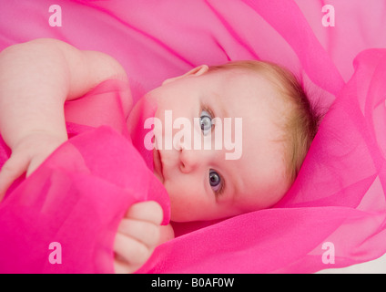 Nahaufnahme von einer entzückenden vier Monate alten Mädchen Cherub Showing-off mit schelmischen Spiellaune hält einen tief rosa Stoff. Stockfoto