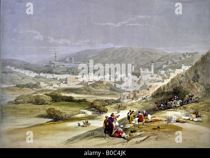 Blick aus der Ferne des jüdischen Viertels von Hebron mit Landschaft im Vordergrund. Roberts, David, 1796-1864, Künstler. Stockfoto