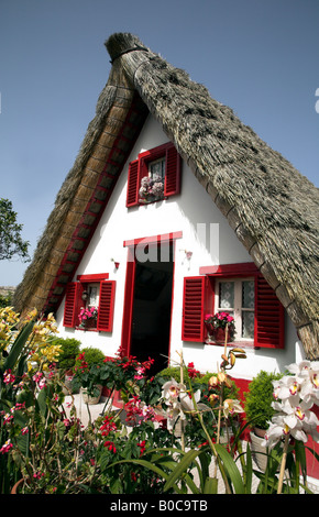 A-Framed Haus oder Postkartenmotiv sind traditionellen madeirensischen Häusern gefunden in der Stadt von Santana. Stockfoto