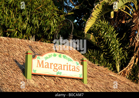 Ein Schild mit dem Wort Margaritas und eine Lampe.  Für den redaktionellen Gebrauch bestimmt. Stockfoto