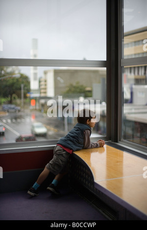 Junge am Fenster der Bibliothek Stockfoto