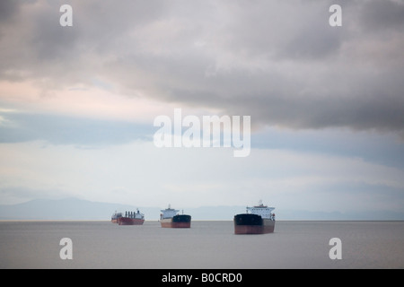 Schiffe vor Anker vor der Küste von Ferguson Point im Stanley Park nahe der Mündung des Burrard Inlet, Vancouver, BC, Kanada Stockfoto