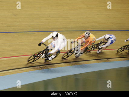 Chris Hoy Schottland Teun Mulder Niederlande Christos Voulkakis Griechenland Gold Silber und Bronze Medaillengewinner im Keirin-Finale Stockfoto