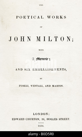 Titelblatt der antiquarischen Buch The poetische Werke von John Milton von Edward Churton Holles Street London 1835 veröffentlicht Stockfoto