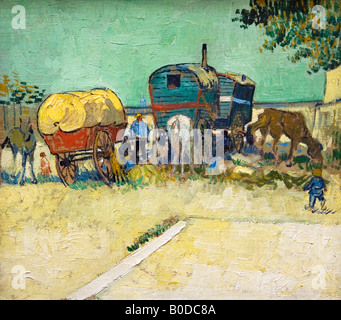 Lager der Zigeuner mit Wohnwagen in der Nähe von Arles 1888 von Vincent van Gogh Musee d ' Orsay Paris gemalt. Stockfoto