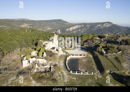 La Mussara, Wüstung in Tarragona. Luftbild Stockfoto