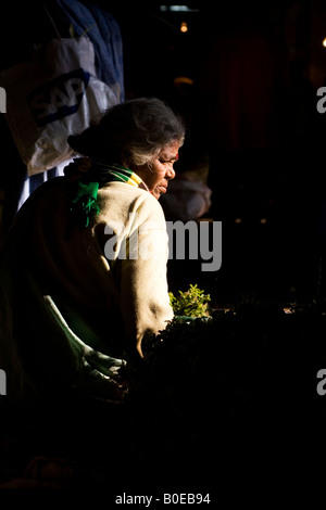 Eine Frau verkauft Blumen in der Stadtmarkt in Bangalore, Südindien. Stockfoto