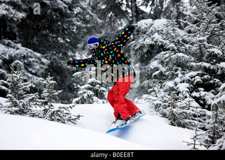 Snowboarder fahren die Bäume in St. Foy de Tarrentaise. Stockfoto