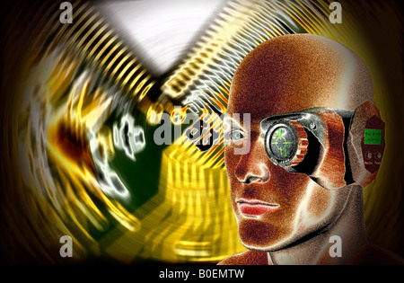 3D Computer generierte männlichen Roboterkopf mit bionischen Kopfhörer Compositing über verschwommenes Leiterplatte Bild Stockfoto