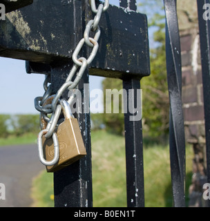 Vorhängeschloss und Kette sichern ein schmiedeeisernes Tor Stockfoto