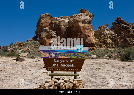 Willkommens-Schild am Sand Canyon Trail Kopf Schluchten des alten National Monument Colorado Stockfoto