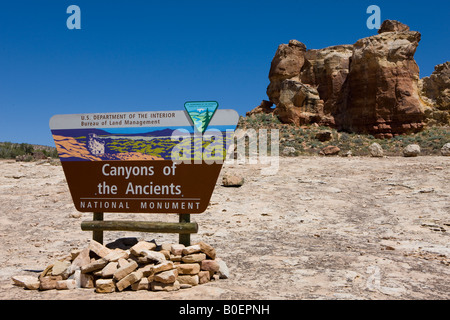 Willkommens-Schild am Sand Canyon Trail Kopf Schluchten des alten National Monument Colorado Stockfoto