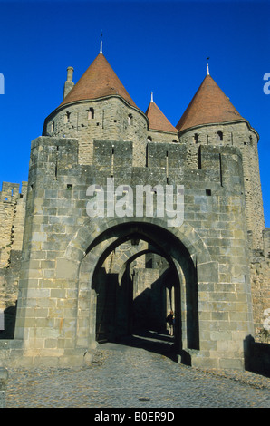 Porte Narbonaise in Carcassonne, Aude, Frankreich Stockfoto