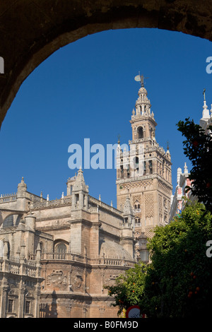 Kathedrale von Sevilla und La Giralda, ein UNESCO-Weltkulturerbe, durch das Tor des Real Alcazar aus gesehen Stockfoto